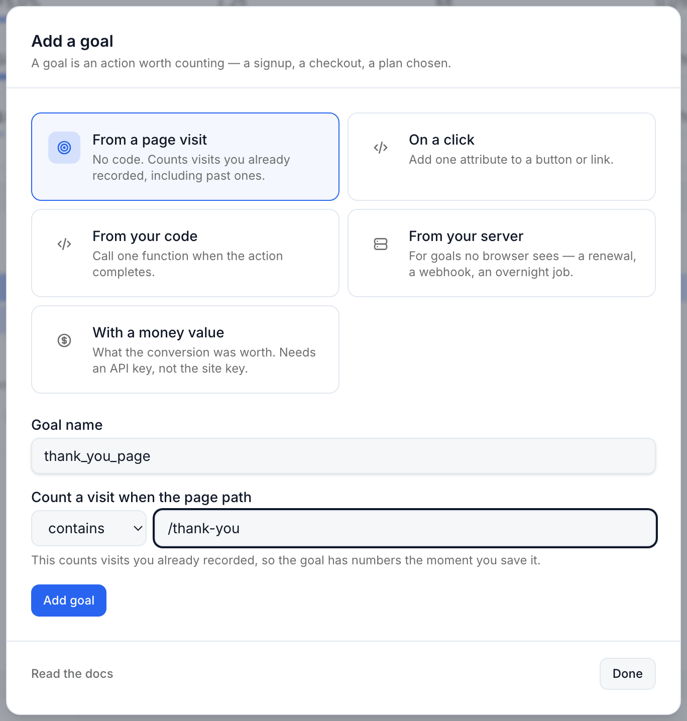 The Add a goal dialog with From a page visit chosen: a goal name, the match type set to contains, and the path /thank-you