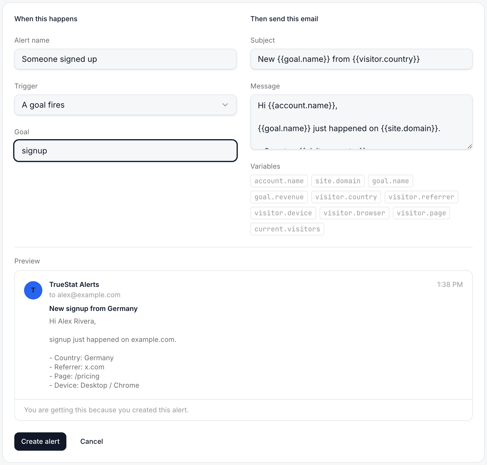 The alert editor: trigger A goal fires with the goal signup on the left, subject and message templates with a list of variables on the right, and a rendered preview mail beneath