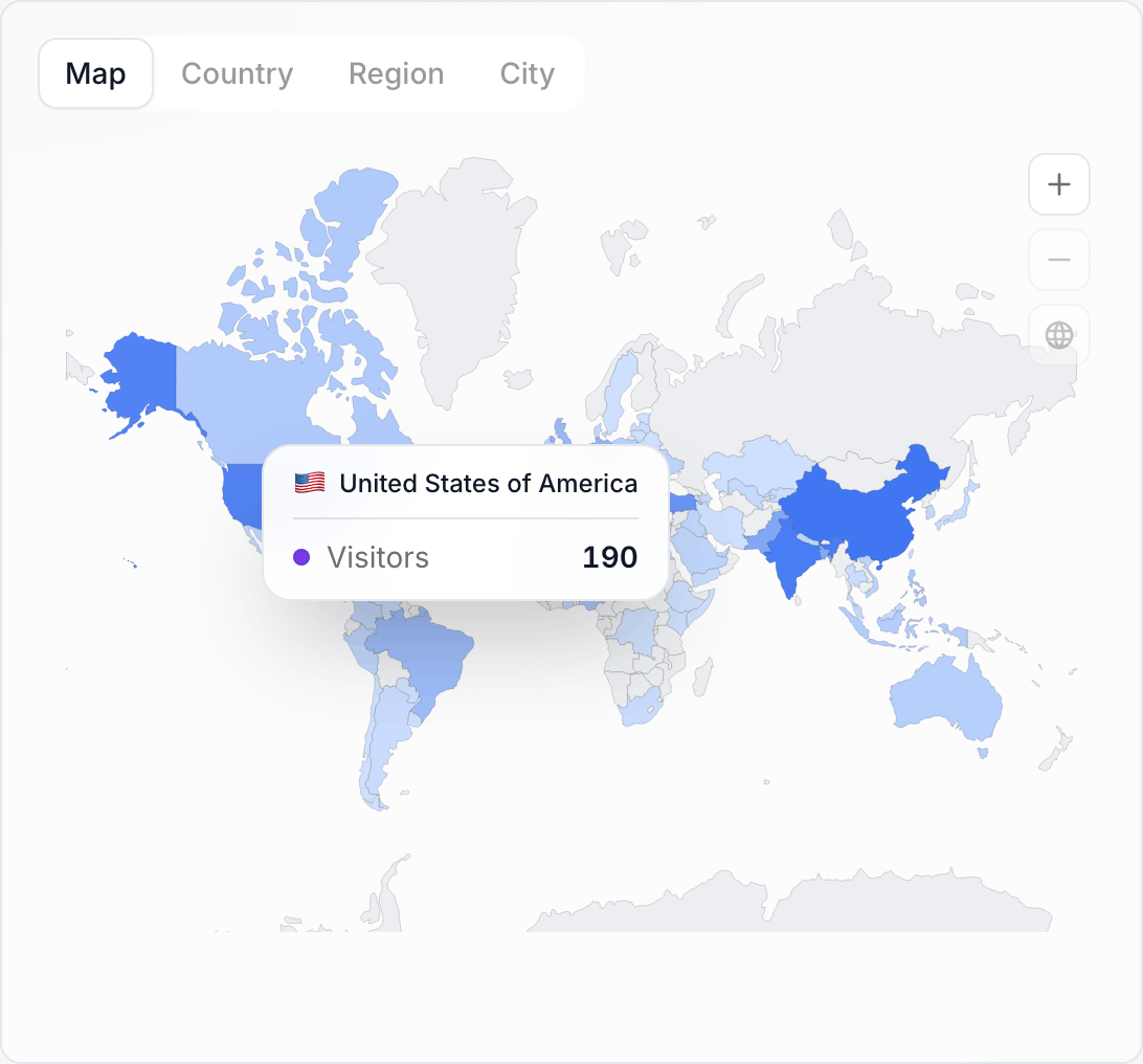 The Map tab of the Geography card, countries shaded blue by visitors, the United States hovered with a tooltip reading 190 visitors