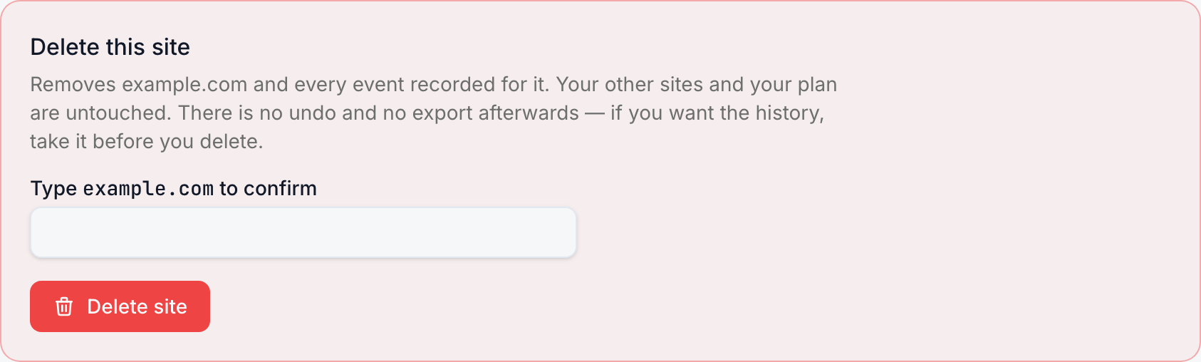 The Delete this site section: the warning that every event is removed with no undo and no export afterwards, a field asking you to type example.com to confirm, and the Delete site button