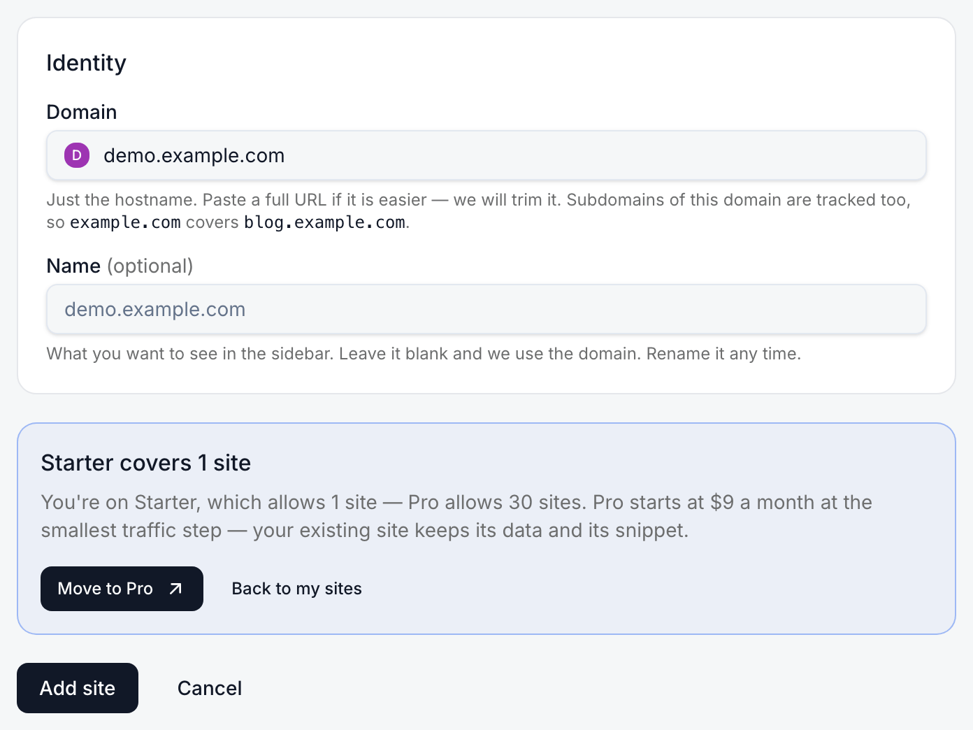 The Add a site form with demo.example.com typed, refused on Starter: a panel headed Starter covers 1 site explaining that Pro allows 30 sites and starts at $9 a month, with Move to Pro and Back to my sites buttons