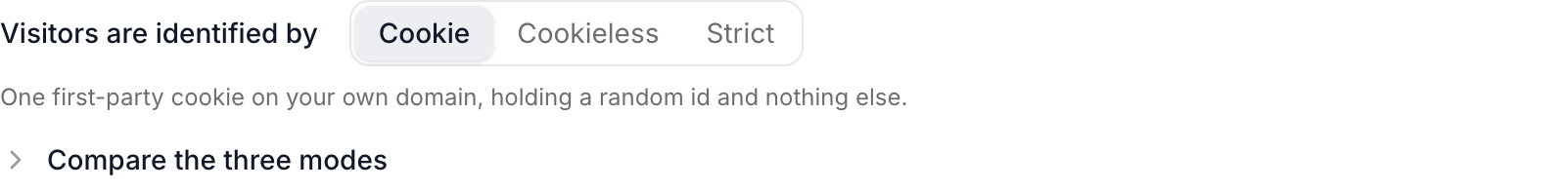 The identity control on the Install tab: Cookie selected, Cookieless and Strict beside it, and a one-line note under the chips