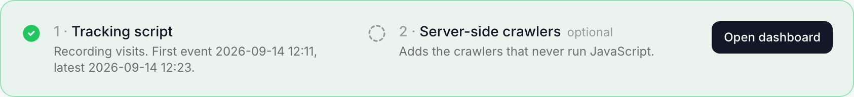 The Install tab's status card, green, reading Recording visits with the time of the first event and an Open dashboard button