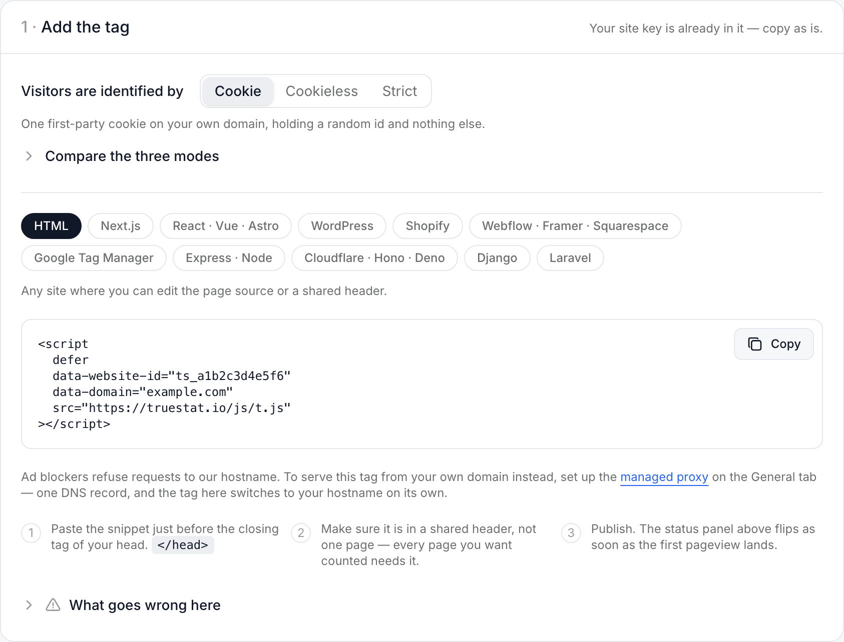 Install tab with the HTML chip selected, the script snippet and a Copy button