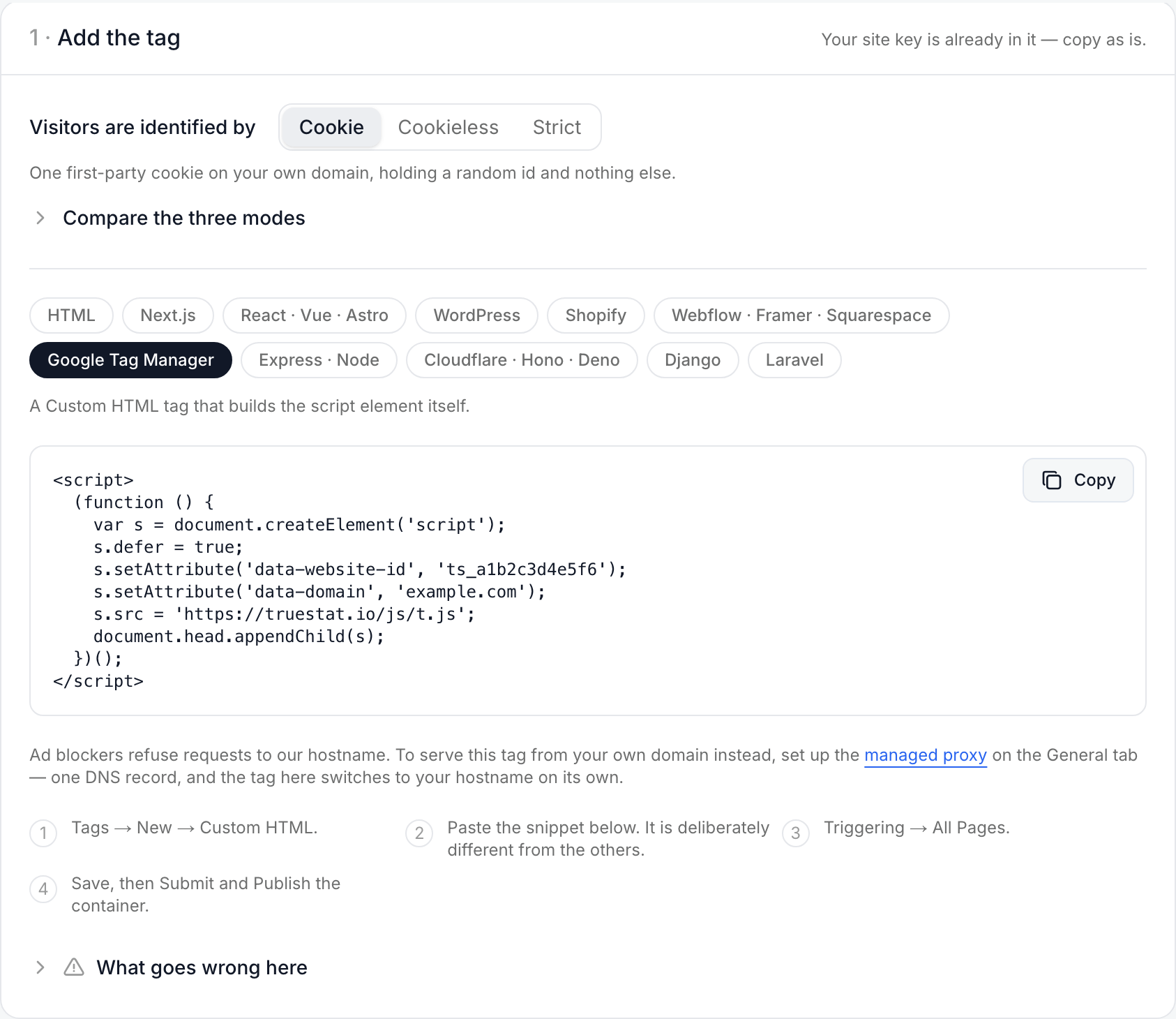 Install tab with the Google Tag Manager chip selected, showing the DOM-construction snippet