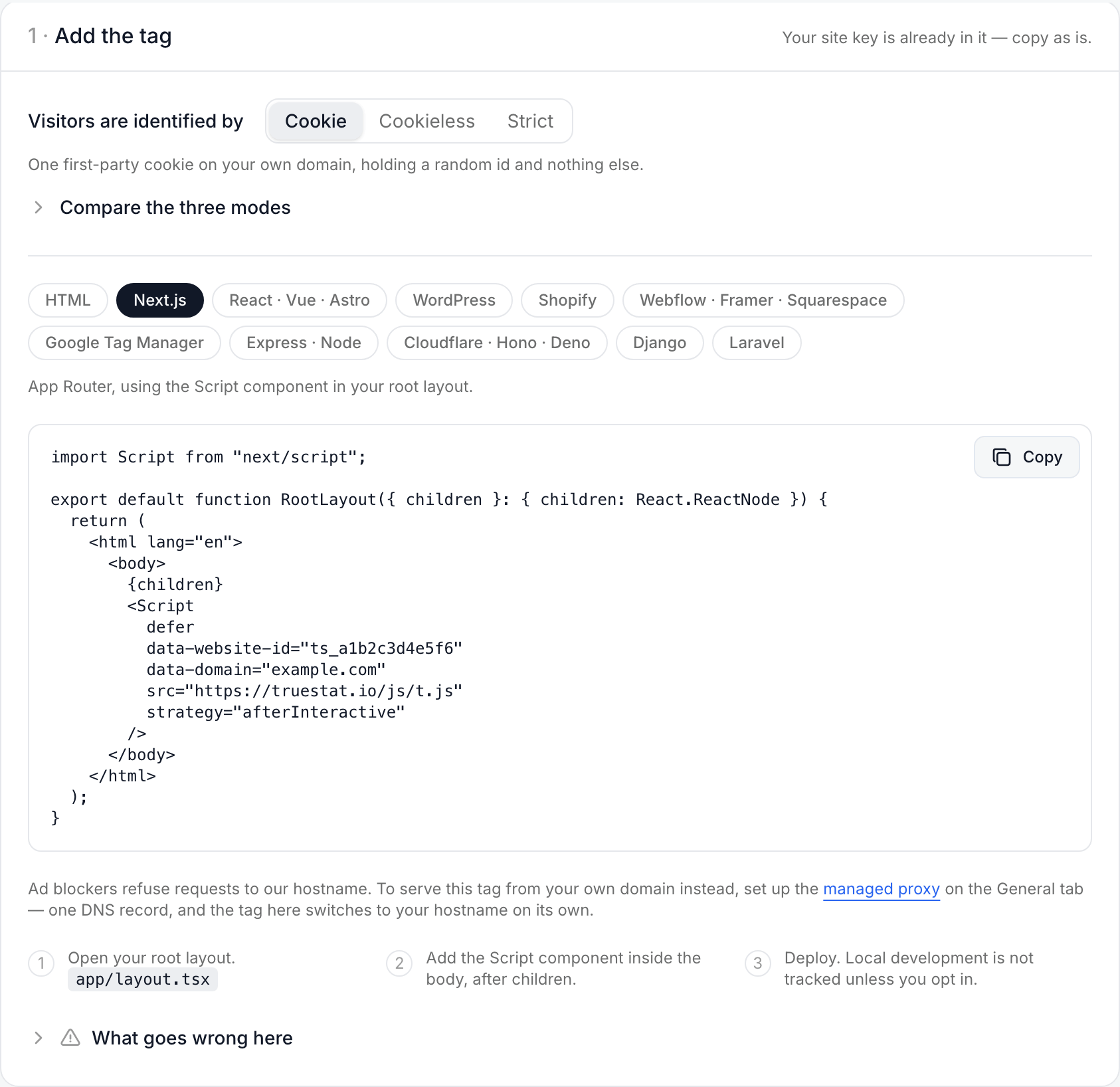 Install tab with the Next.js chip selected, showing the App Router layout