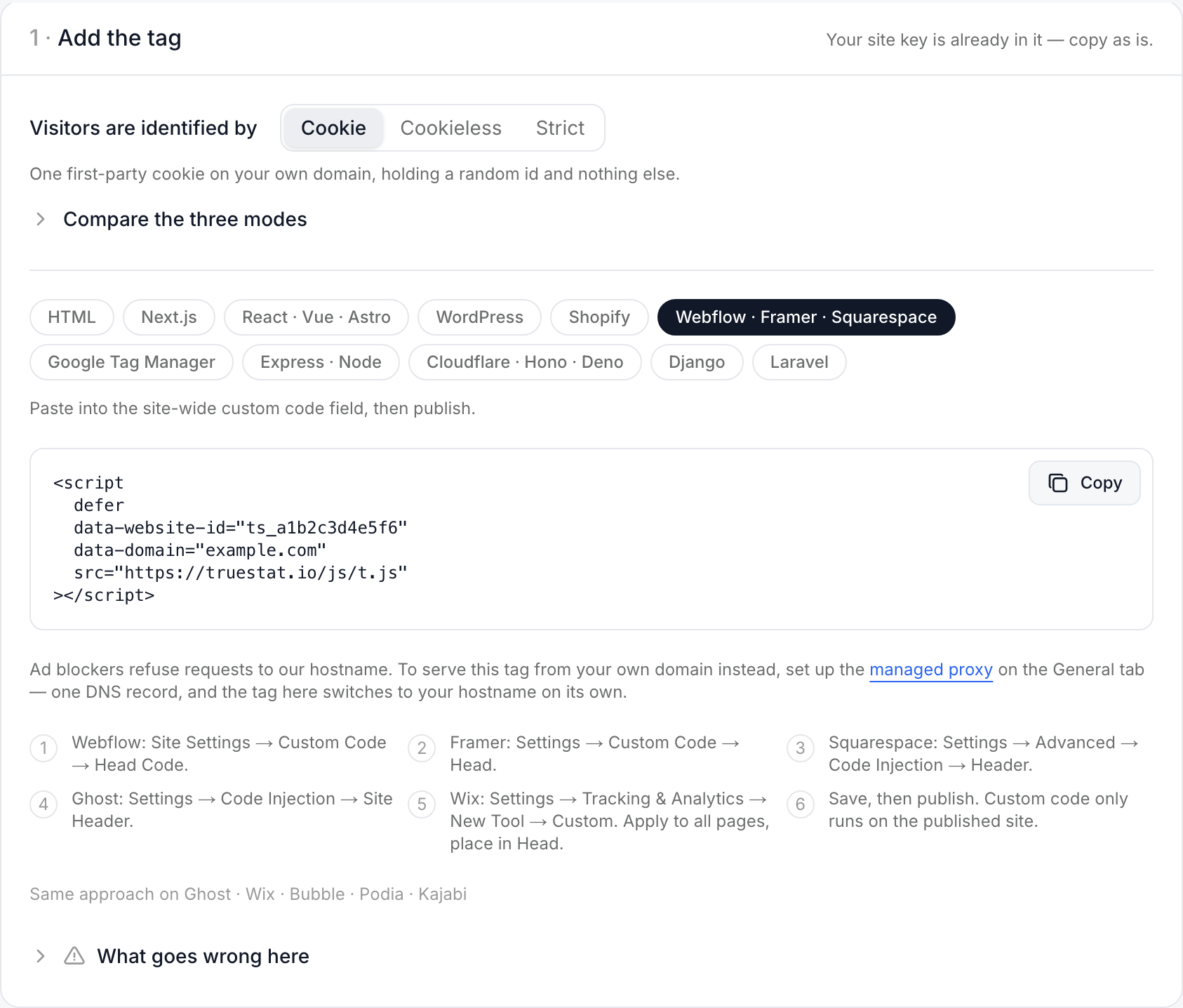 Install tab with the Webflow, Framer and Squarespace chip selected