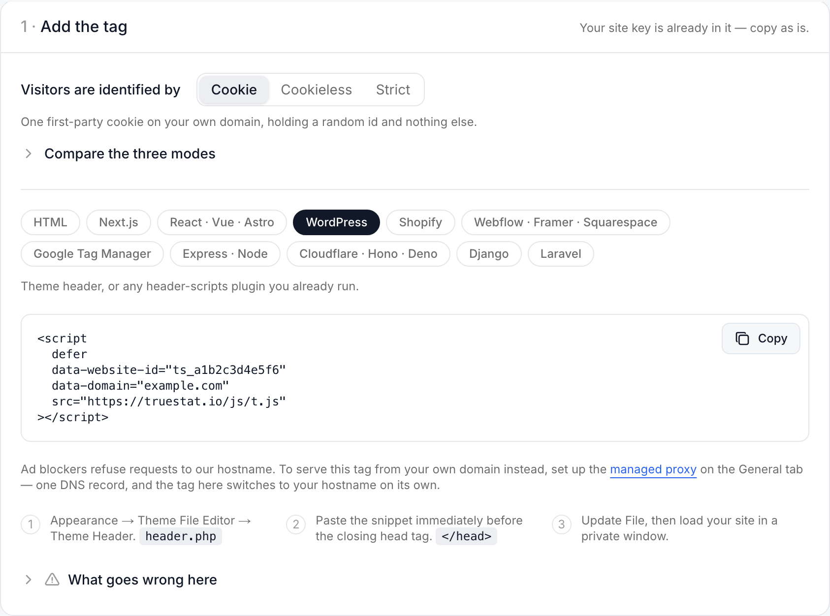 Install tab with the WordPress chip selected and its snippet