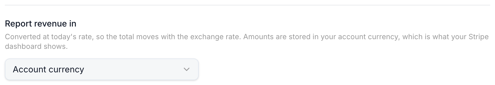 The Report revenue in control on the Integrations tab, reading Account currency