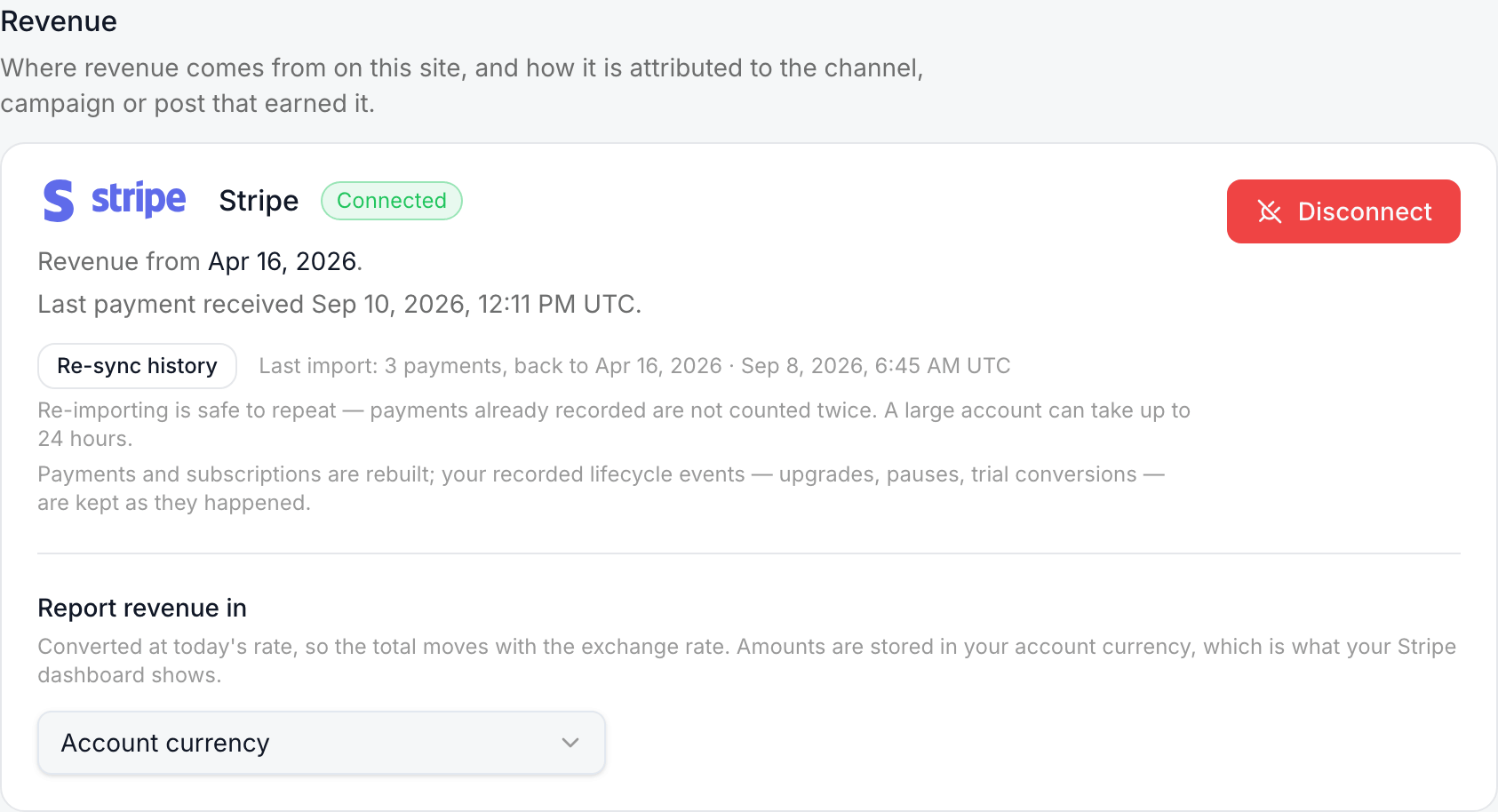 The connected Stripe card with the Re-sync history button beside its summary — Last import: 3 payments, back to Apr 16, 2026 — and the note that repeating is safe