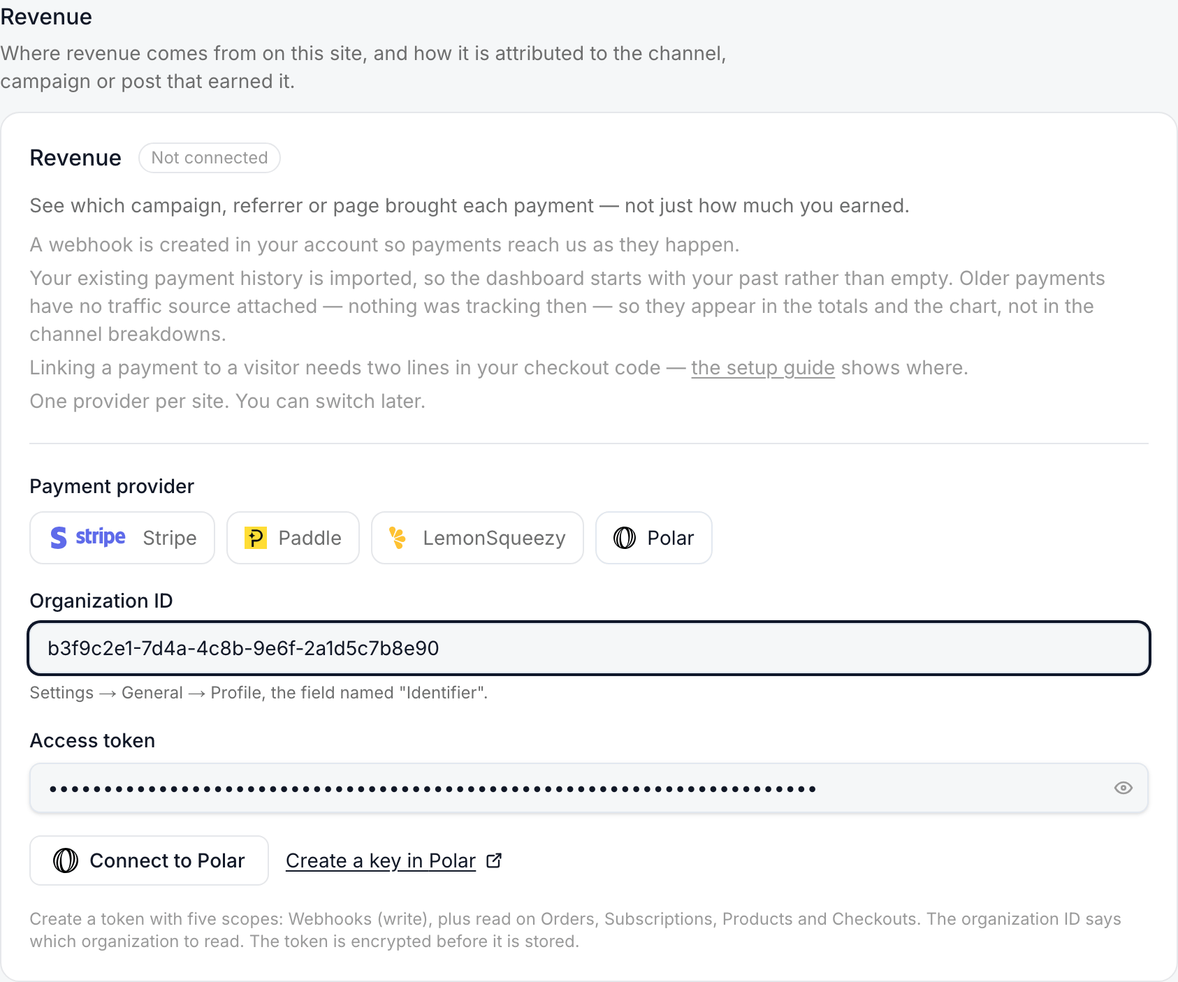 The Revenue card with Polar chosen: the Organization ID and Access token fields filled, and the note listing the five scopes
