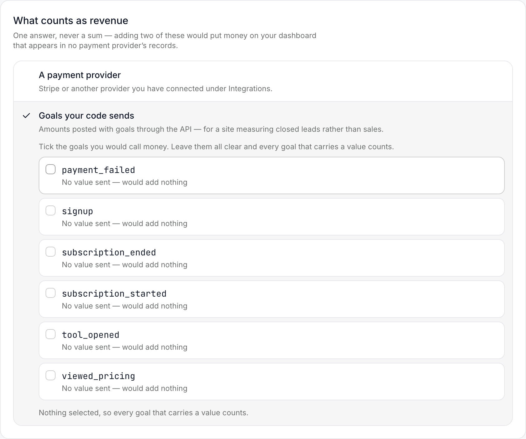 Goals your code sends selected: the site's six goals listed with checkboxes, each marked No value sent, and the line Nothing selected, so every goal that carries a value counts