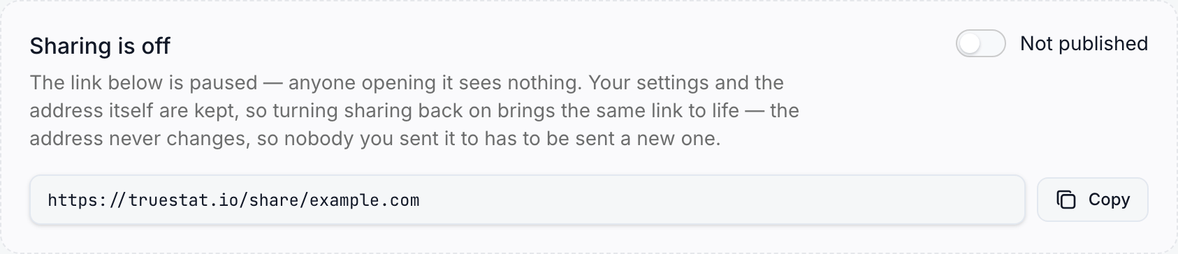 The Sharing card switched off: a dashed border, the heading Sharing is off, the switch reading Not published, and the share link still shown with its Copy button