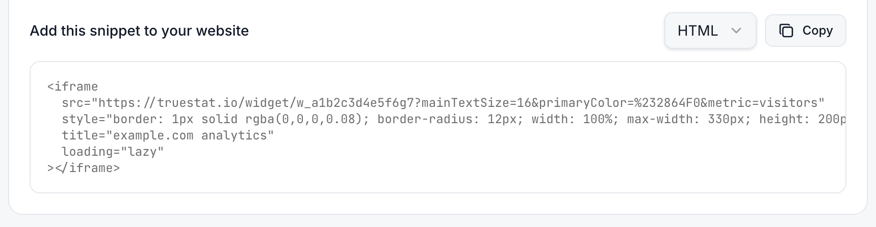 The snippet block at the foot of the Widgets tab: Add this snippet to your website, HTML selected, a Copy button, and an iframe tag pointing at the widget URL