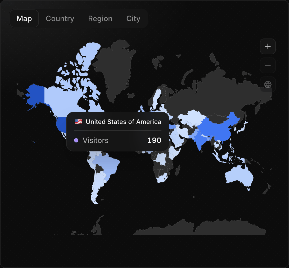 The same map in the dark theme: countries without traffic in dark grey, the scale from pale to full blue unchanged